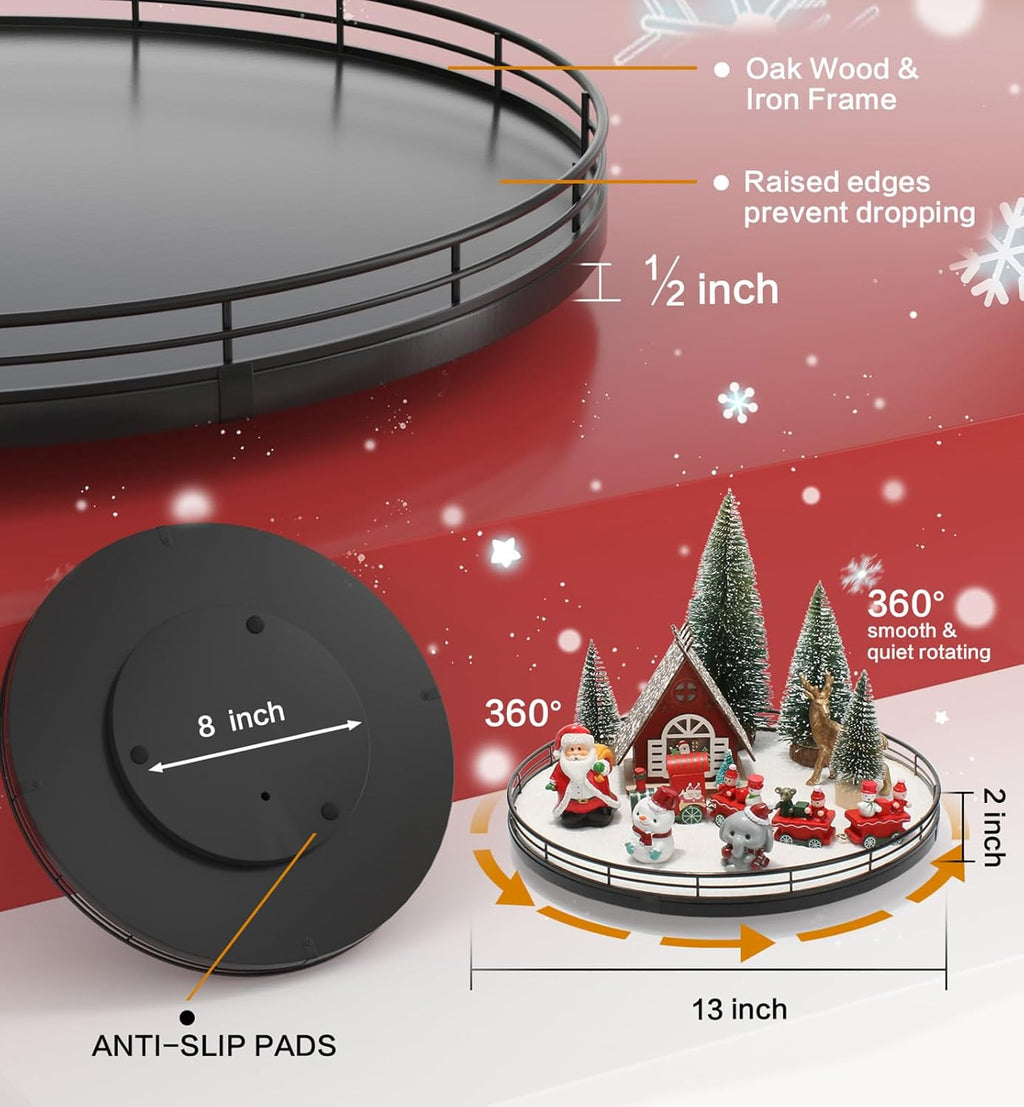 Oroyutor Christmas Village Set - 12 Pcs 13" Oak Wooden Lazy Susan with Santa Train & Trees | Holiday Table Decor