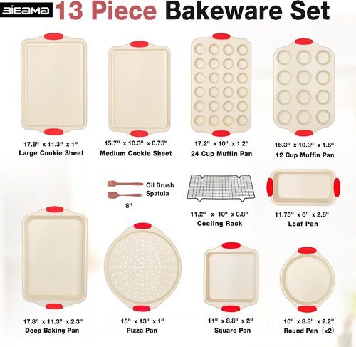 BIEAMA Nonstick Baking Pans Set - 13-Piece BPA-Free Carbon Steel Bakeware - Stackable Cream Design