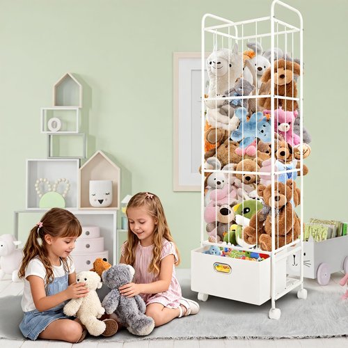 Puppiluv Stuffed Animal Storage, Metal Stuff Animals Zoo Holder with Fabric Drawer and Wheels Tall Vertical Plushies Toy Organizer Plush Storage Cage with Elastic Band for Nursery Playroom Corner