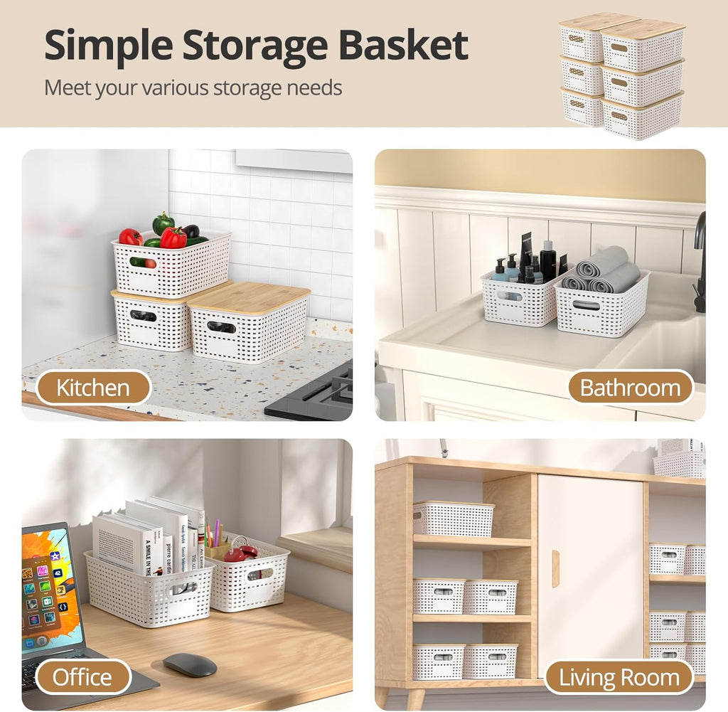 Plastic Storage Baskets - Stackable Organizing Bins with Bamboo Lids | 6 Pack, 10.2x7.2x4.1 Inch, White