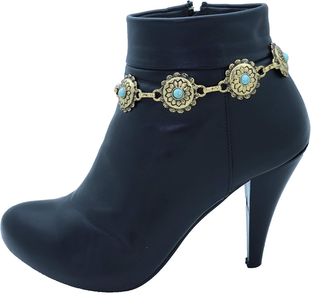 Skiennix Women's Western Antique Metal Boot Chain Anklet - Turquoise Blue Bead Flower Charm