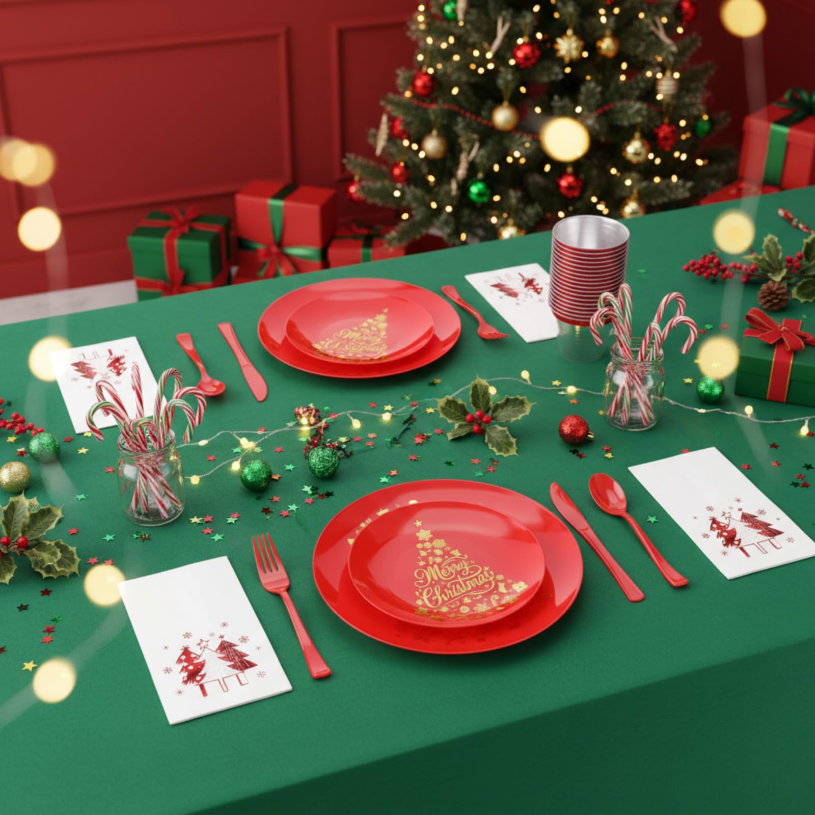 Shellwei 280 Pcs Plastic Dinnerware Set, Disposable Plates Includes 40 Dinner Plates 40 Cups 40 Dessert Plate 40 Papers Napkins 40 Forks Knives Spoons for Party (Christmas)