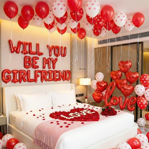 Will You Be My Girlfriend Balloon Letters in Red with Heart Foil Balloons, Rose Petals, Printed Balloons – Romantic Room Setup for Proposal, Be My Girlfriend Sign, Valentine’s Day Decorations