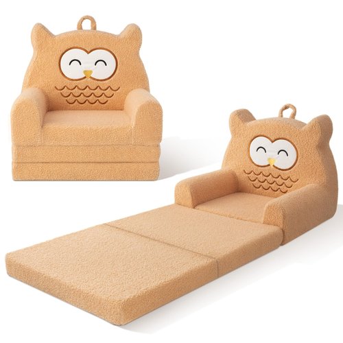 Tivellary Toddler Couch, 3-Fold Convertible Kids Couch with Cute Owl Design, Fold Out Toddler Chair for 1-3 Years Old, Soft Baby Sofa Bed for Playroom, Washable Cover
