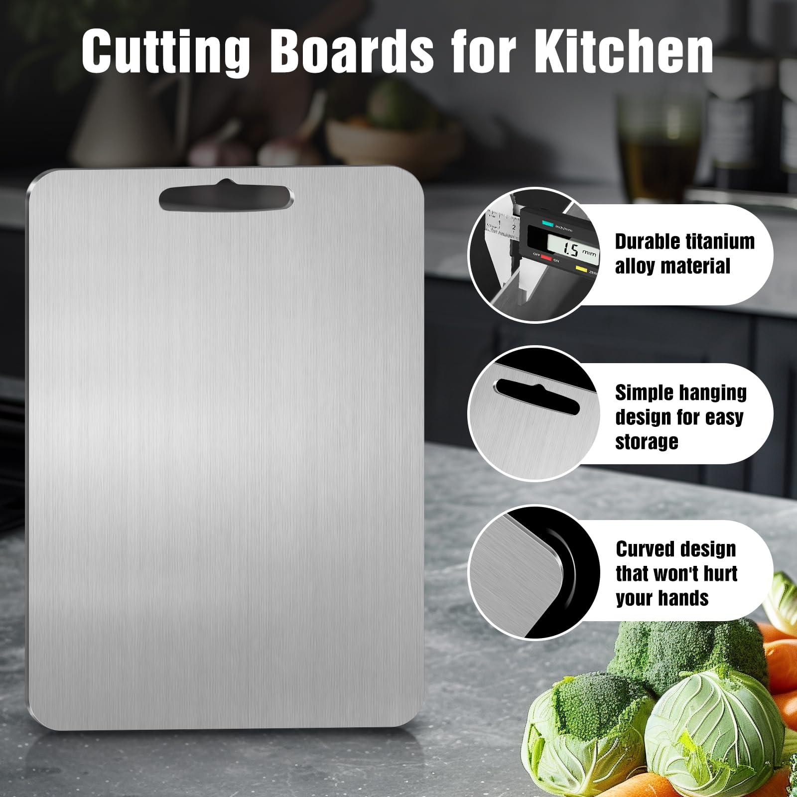 Titanium Cutting Board for Kitchen - 100% Pure Titanium Cutting Boards Non Toxic - 2026 New Upgrade Double Sided Metal Chopping Boards for Meat, Vegetables, Fruits, Dishwasher Safe (S+M+L, 3-Pack)