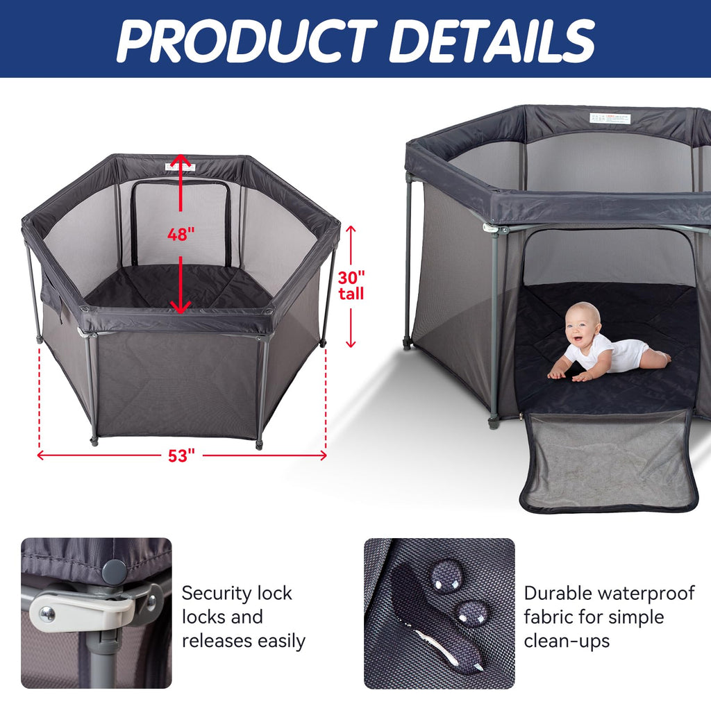 Baby Playpen 53x53 Inch, Indoor/Outdoor Portable Play Yard No Extra pad Required with Breathable Mesh Walls, Enclosed Safe Space for Babies, Quick Foldable Playpen for Home Travel Park (Grey)
