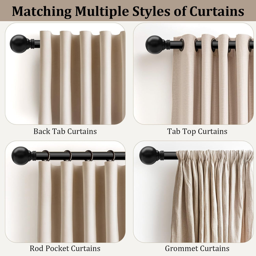 Skiennix Black Curtain Rods - Heavy Duty Metal Adjustable 72 to 144 Inch | Elegant Blackout Window Treatment
