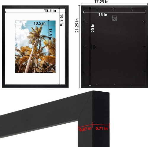 Frametory 16x20 Black Picture Frame - High-Definition Real Glass - Fits 11x14 Photos with Mat