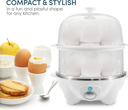 Elite Gourmet 2-Tiered Egg Cooker - Rapid 5-Egg Poacher for Soft, Medium, Hard-Boiled Eggs | BPA Free, White