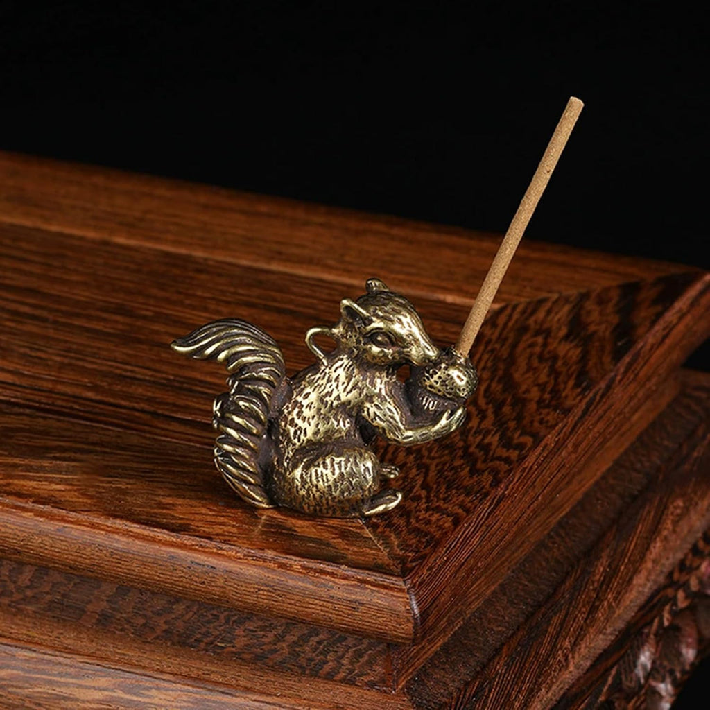 Skiennix Brass Squirrel Figurines - Antique Bronze Animal Decor | 2pcs Small Incense Holders (1.6x1.2x0.6in)