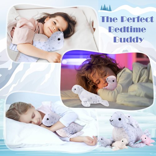 Hollowfly 5 Pcs Seals Plush Set 18" Large Seals Pillow with 4 Cute Babies Stuffed Animal in Zippered Belly Nurturing Plushes Toy Gift for Kids Adults Birthday Christmas Holiday Part