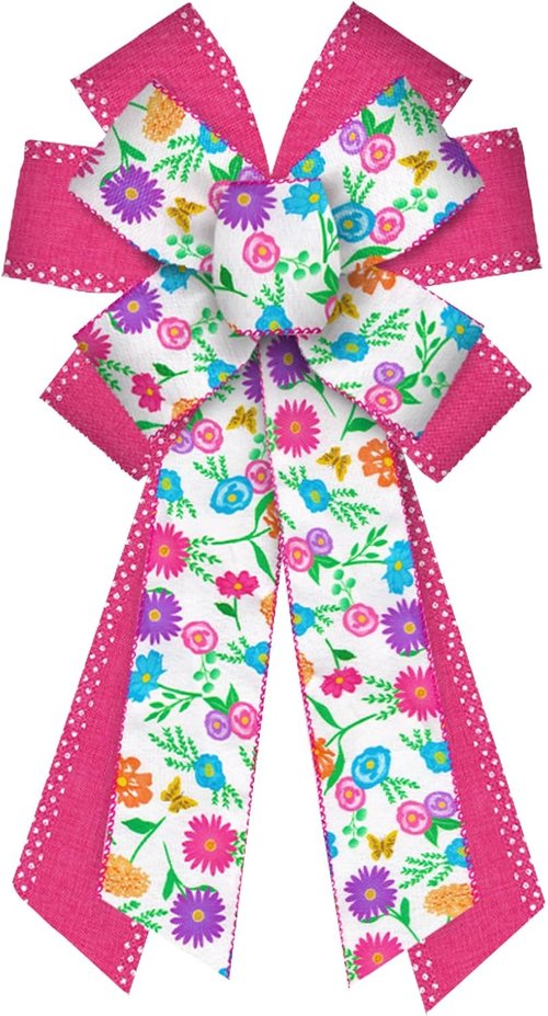 ABTOLS Large Spring Bows - Pink Dot Wreath Bows for Front Door | Colorful Floral Burlap Decor