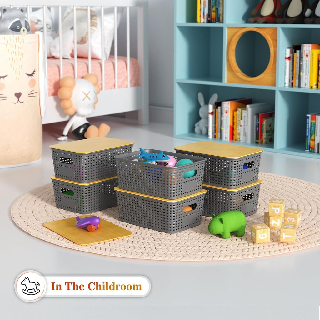 Skiennix Plastic Storage Baskets - Stackable Containers with Bamboo Lid | 6-Pack Gray for Organizing Shelves and Desks