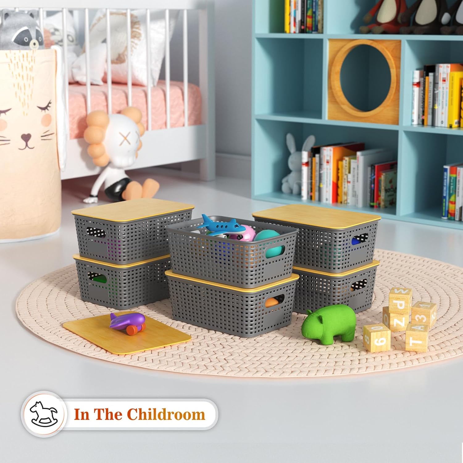 Skiennix Plastic Storage Baskets - Stackable Containers with Bamboo Lid | 6-Pack Gray for Organizing Shelves and Desks