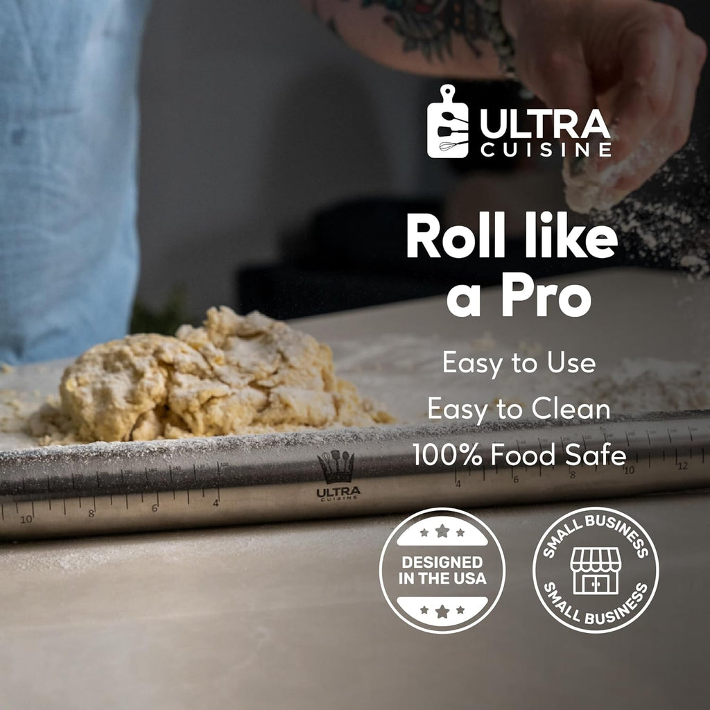 Ultra Cuisine French Rolling Pin - Tapered Stainless Steel Design for Baking, Dishwasher-Safe, 16-Inch