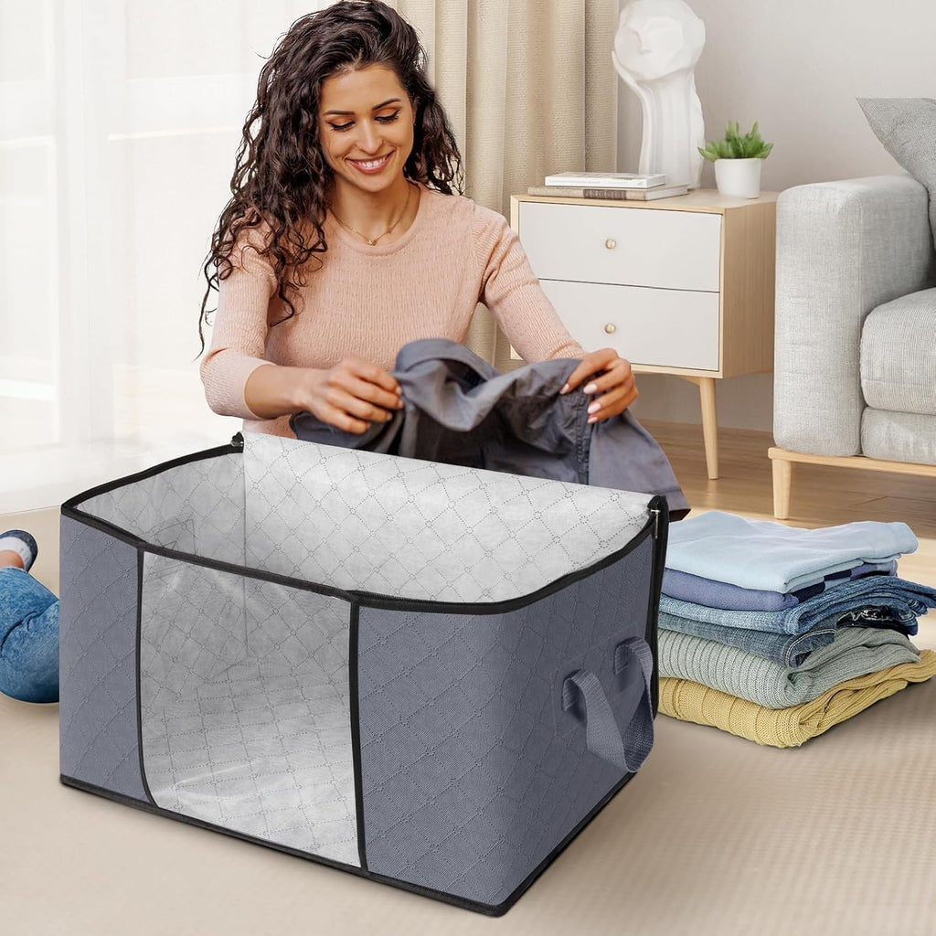 Skiennix Large Clothes Storage Bags - 4 Pack Foldable Organizers with Clear Window for Blankets & Seasonal Clothing | Gray