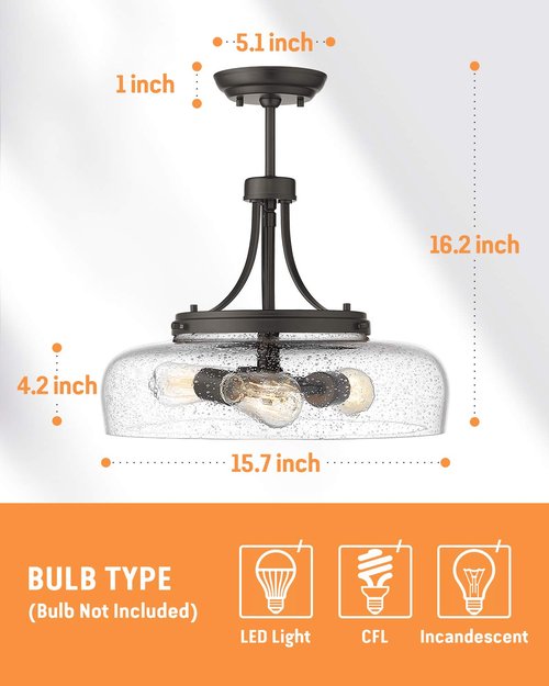 EAPUDUN Farmhouse Semi Flush Mount Ceiling Light Fixture, 3-Light Industrial Pendant Light in Oil Rubbed Bronze Finish with Clear Seeded Glass Shade, SMA1126-ORB