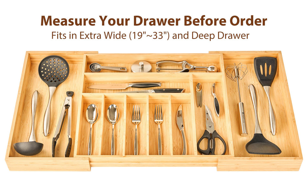 Umilife Extra Large Expandable Kitchen Siverware Utensils Drawer Organizer, 19" Deep for Big Drawer, Adjustable Bamboo Wood Drawer Divider with Curved Grooves, Cutlery Tray Flatware Holder