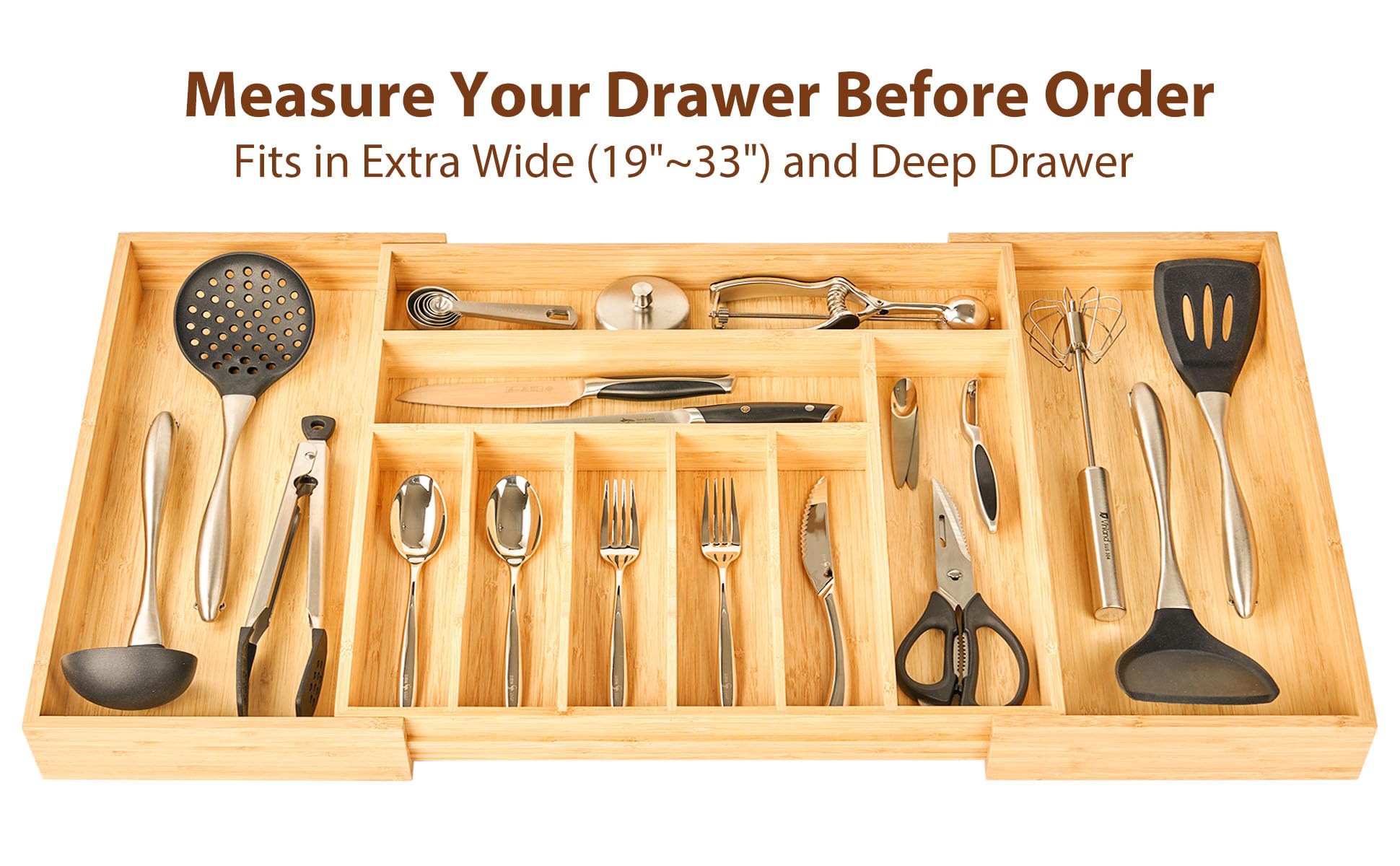Umilife Extra Large Expandable Kitchen Siverware Utensils Drawer Organizer, 19" Deep for Big Drawer, Adjustable Bamboo Wood Drawer Divider with Curved Grooves, Cutlery Tray Flatware Holder