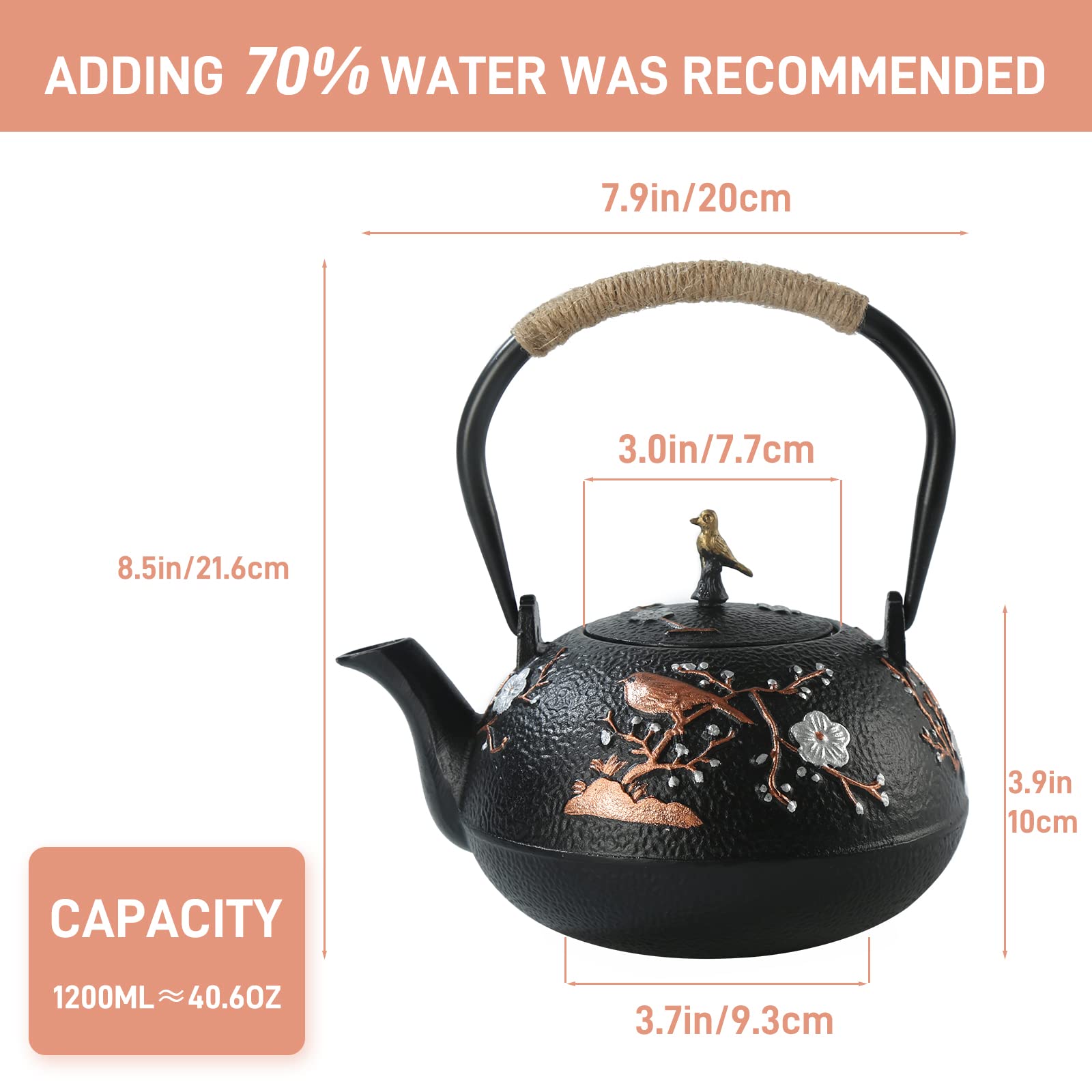 Cast Iron Teapot SECHUDO Teapot for Stovetop Safe Coated with Enameled Interior,Japanese Beautiful Tea Kettle with Stainless Steel Infuser for Loose Tea (40.6oz/1200ml)