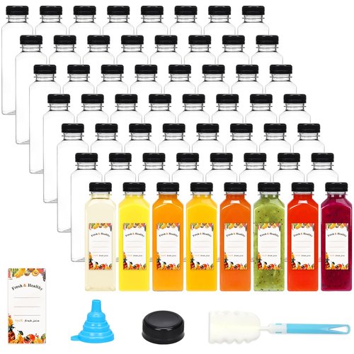 Moretoes 56pcs 16oz Plastic Juice Bottles with Caps, Clear Empty Containers with Brush Funnel and Labels for Coffee Smoothies Ginger and Other Beverages