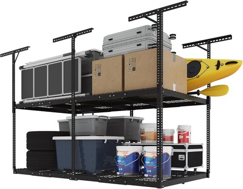 FLEXIMOUNTS 4x8 Overhead Garage Storage Rack - Adjustable Heavy-Duty Metal | 1000 lbs Capacity, Black