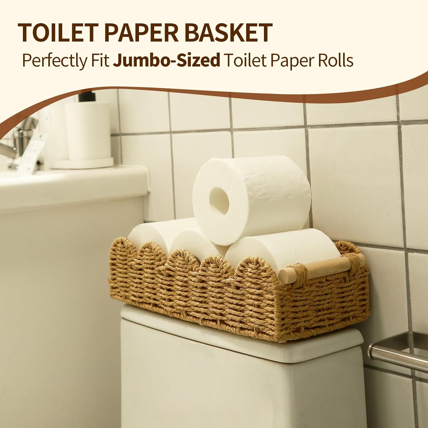 Regine Switzerland Paper Rope Storage Baskets - Set of 2 with Wooden Handles for Stylish Bathroom Decor (Beige)