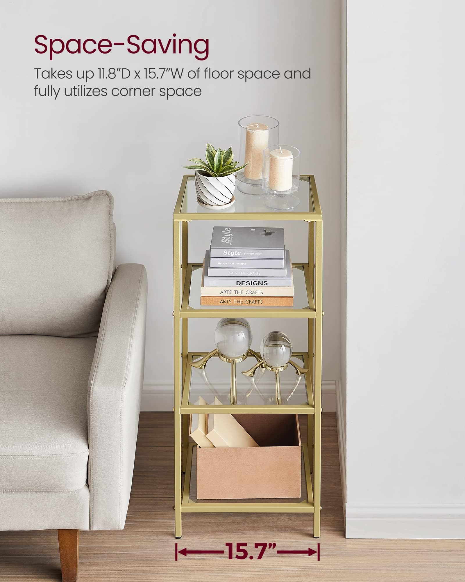 VASAGLE Bookcase, 4-Tier Bookshelf, Slim Shelving Unit for Bedroom, Bathroom, Home Office, Tempered Glass, Steel Frame, Metallic Gold ULGT28G