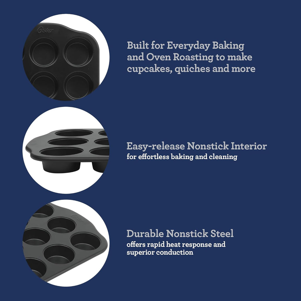 Oster Teston 12-Cup Muffin Pan - Nonstick Carbon Steel Bakeware | PFAS-Free, Easy Release, Matte Black