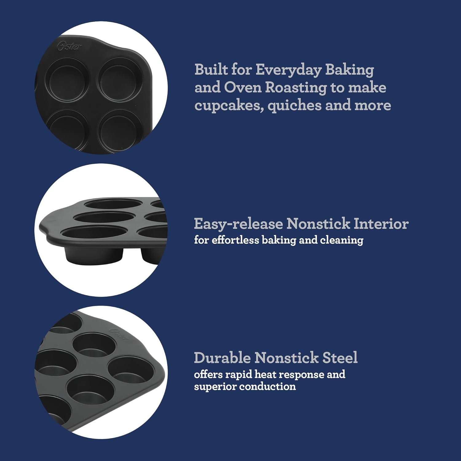 Oster Teston 12-Cup Muffin Pan - Nonstick Carbon Steel Bakeware | PFAS-Free, Easy Release, Matte Black