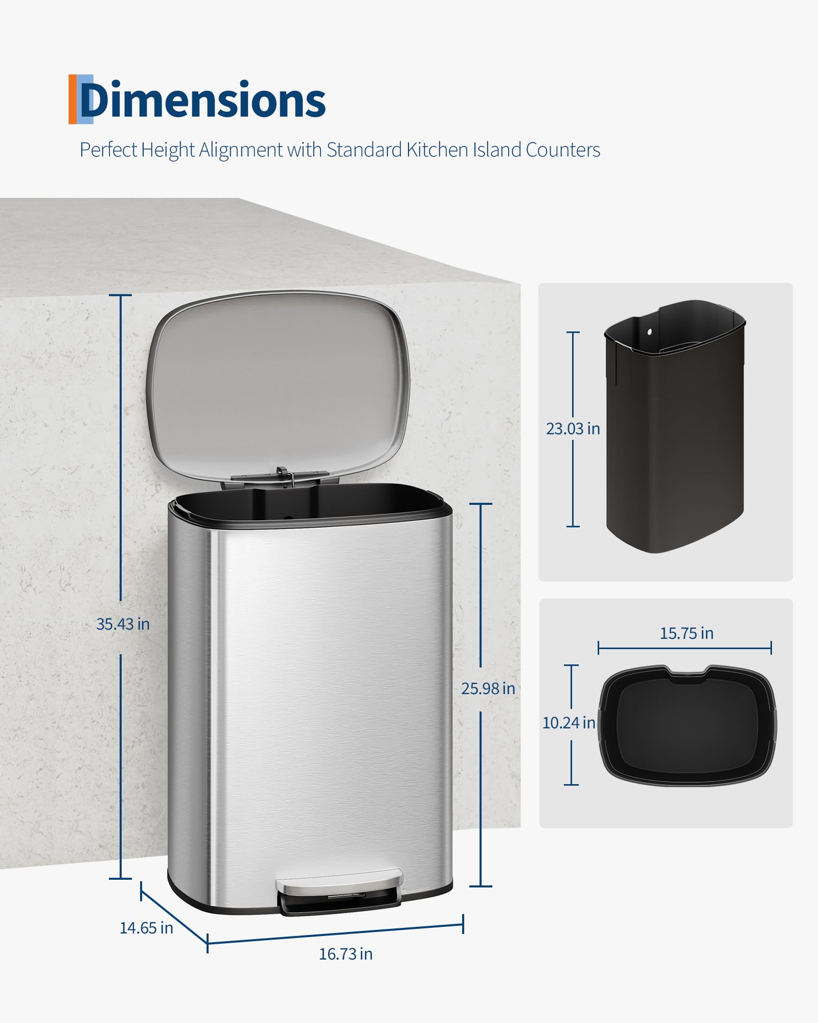 Garvee 13 gal (50 L) and 2.6 gal (10 L) Stainless Steel Trash Can Combo Set, Rustproof Garbage Can with Lid for Kitchen and Bathroom, Step-on Trash Bin with Inner Bucket, Rear Handle, Silver