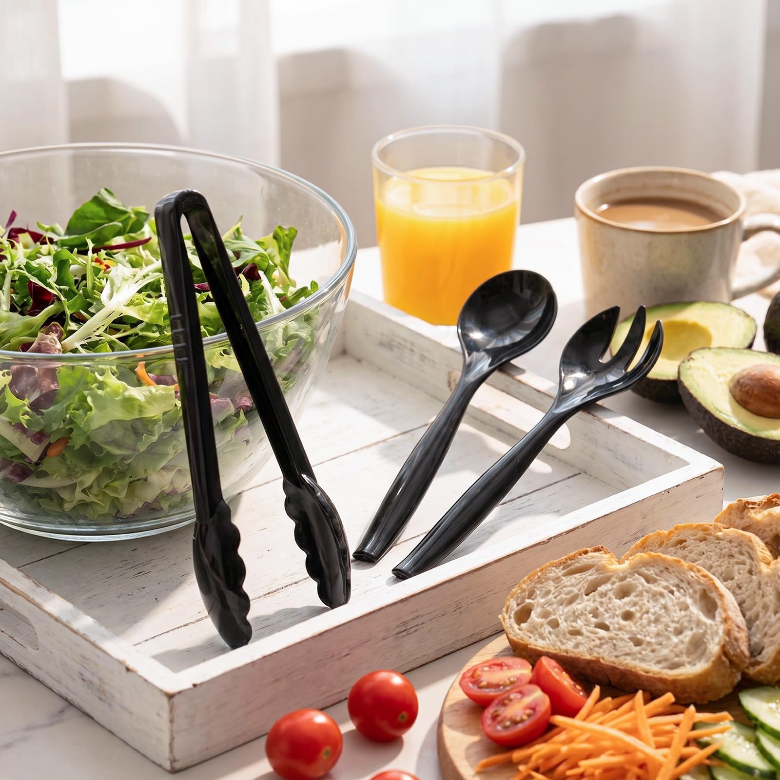 Mwellewm 18Pcs Serving Utensils, 10'' Plastic Serving Utensils Set, Disposable Serving Spoons for Buffet, Large Serving Tongs for Food, Heavy Duty Party Supplies for Salad Soup Cooking Catering(Black)