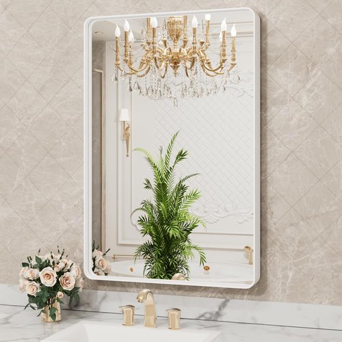 LOAAO Bathroom Mirror - 20x30 Inch White Metal Framed Rounded Rectangle | Anti-Rust, Versatile Hanging Options