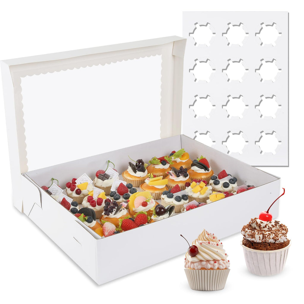 CHENZEM 24 Count Cupcake Box, 8 Pack Cupcake Containers with Windows and Inserts, Disposable Cupcake Carriers for Muffins, Treats, Pastries, Mother's Day 19 x 14 x 3.9 Inches (White, 24Count /8Pcs)