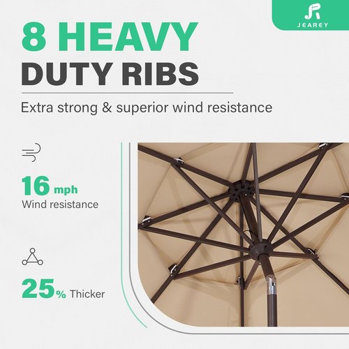JEAREY 9FT Patio Umbrella - Outdoor Market Umbrella with UV Protection, Beige Color, 8 Ribs & Crank