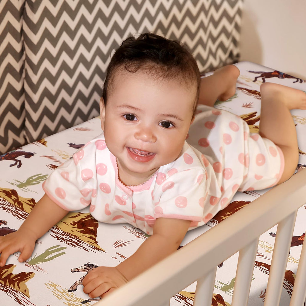 Mindsoft 2 Pcs 24 x 38 in Western Cowboy Infant Crib Sheets Set Mini Portable Crib Sheet Newborn Bedding Nursery Baby Sheets for Girl Boys Baby Gifts Breathable Only for Pack and Play