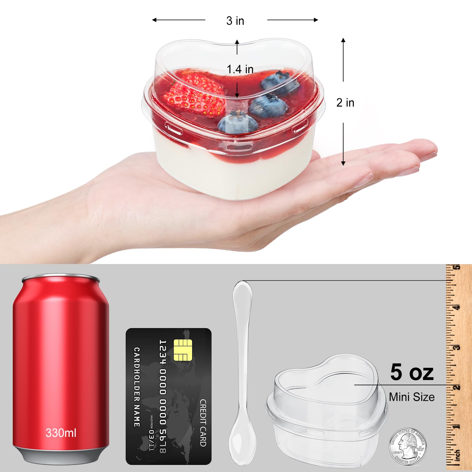 TOFLEN 5 oz Heart Shaped Dessert Cups with Lids and Spoons 300 Pcs | Serves 100 | Mini Plastic Dessert Shooter Cups for Parfait, Cheesecake, Mousse, Appetizers, Jello Shot and Puddings