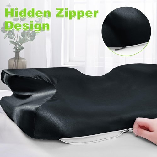 Eychei 2 Pcs Satin Pillowcase for Cervical Pillow, Black Silky Cervical Pillow Case Contour Pillow Case Cover with Zipper, Smooth Ergonomic Pillowcase for Neck Pillow Cover