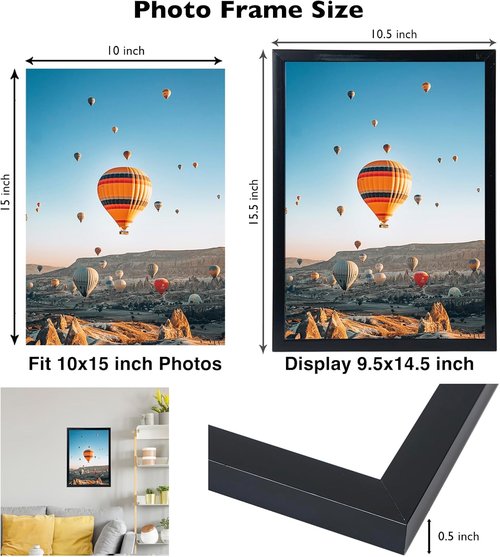 JCJMY 10x15 Black Picture Frame - Versatile Wall Mounting for Horizontal or Vertical Display, Shatter-Resistant Plexiglass
