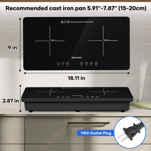 Saitravexia 1800W Portable 2 Burner Countertop Electric Stove with Touch Control, Cross-Line Panel Design, 8 Power Levels, Timer, Safety Lock, Compatible with Magnetic Cookware