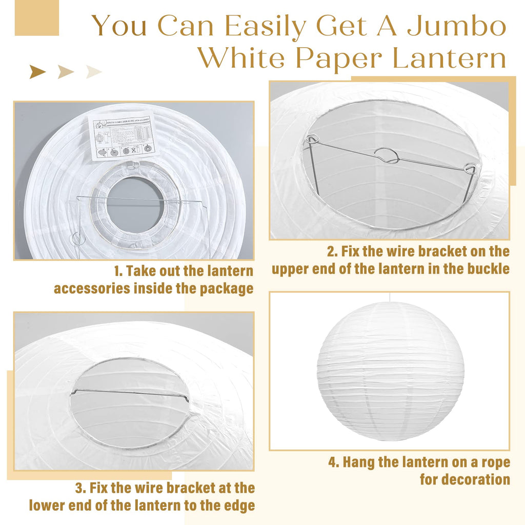 Woanger 4 Pack 30 Inch Large Paper Lantern Shade Jumbo White Japanese Chinese Round Hanging Japanese Paper Lantern Lamp for Home New Year's Eve Valentines Wedding Party Ceiling Decoration