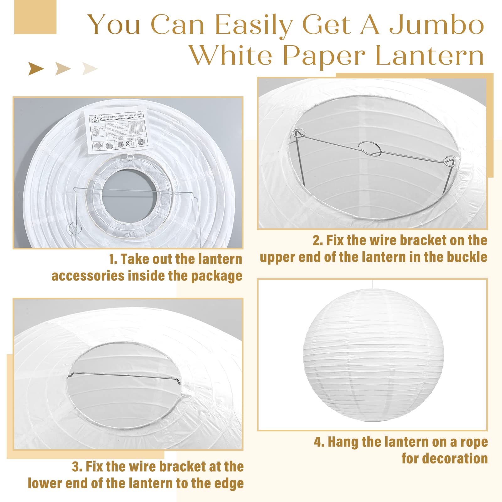 Woanger 4 Pack 30 Inch Large Paper Lantern Shade Jumbo White Japanese Chinese Round Hanging Japanese Paper Lantern Lamp for Home New Year's Eve Valentines Wedding Party Ceiling Decoration