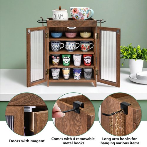Ikee Design Wooden Countertop Storage Cabinet with Wavy Magnetic Door, Adjustable Shelves, Removable Hooks. Perfect for Perfume, Figurines, and Coffee Cups, Brown Color, 10.4 W x 6.1 D x 14.4 H in