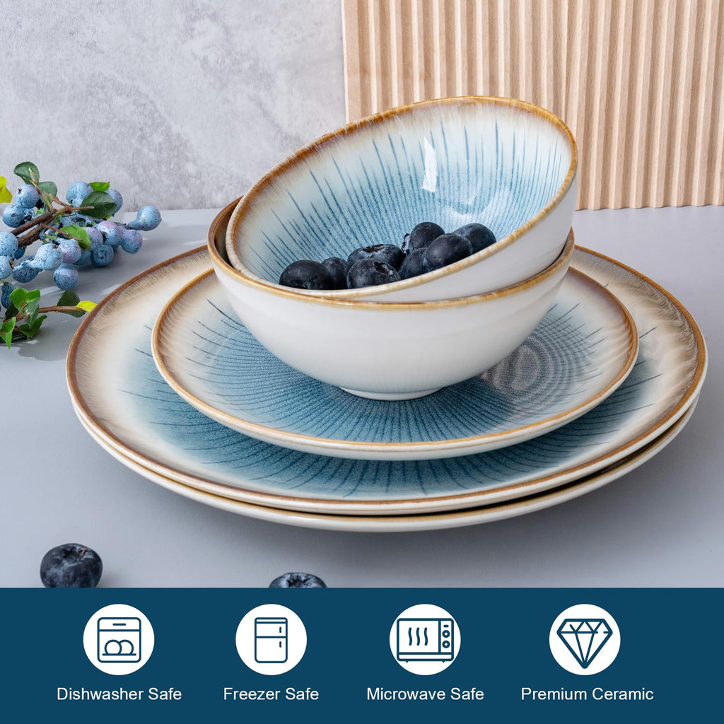 WHITEPEONY Blue Stoneware Dinnerware Set, 12 Pieces, Blue Stripe Marble, Dishwasher & Microwave Safe