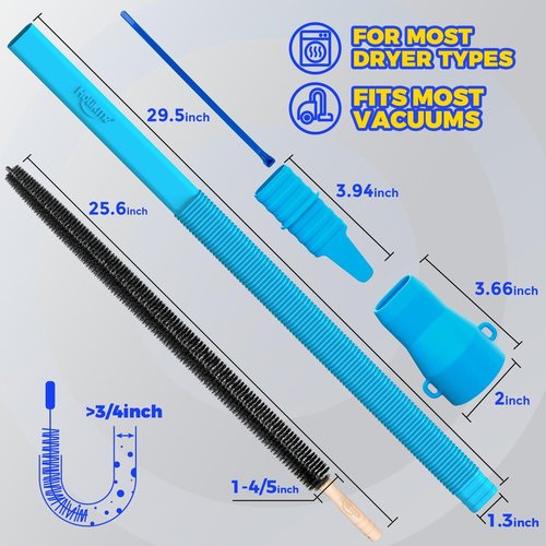 Holikme Dryer Vent Cleaner Kit - 2-Piece Lint Removal Brush Set | Compatible with Most Vacuums, Blue