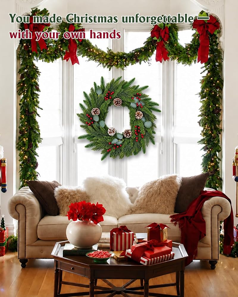 24-Inch Real Touch Pine Wreath with Red Berries & Cones — Indoor/Outdoor Holiday Decor