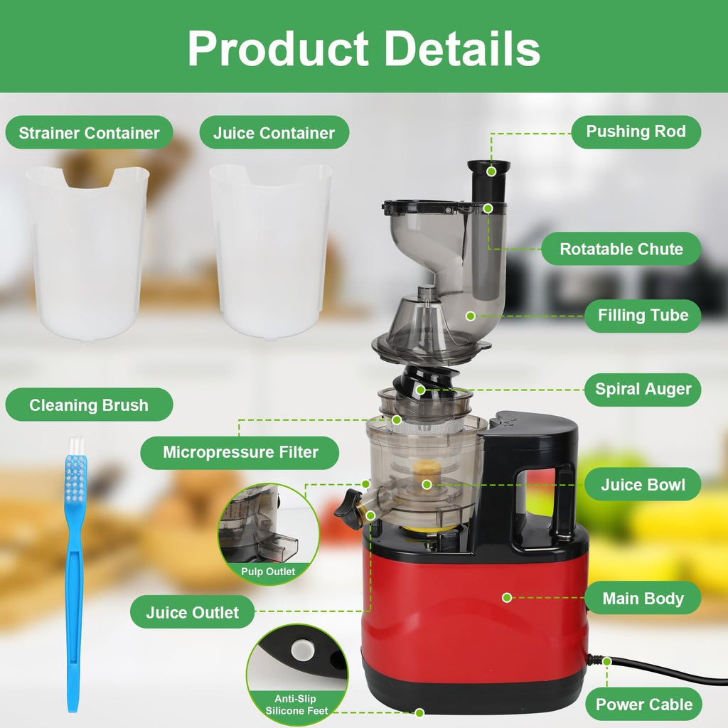 TeqHome Cold Press Juicer,300W Electric Masticating Juicer Machines with 3" Large Feed Chute for Whole Fruits and Vegetables,Upgraded High Juice Yield Juice Extractor Machine with 2 Cups,Easy to Clean