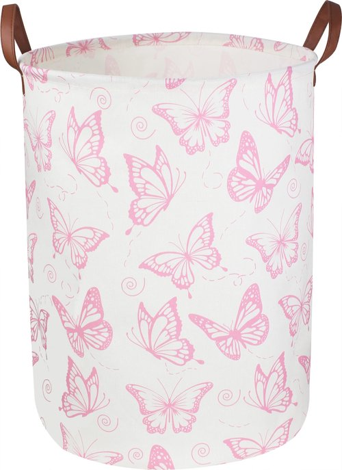 CLOCOR Pink Laundry Basket,Waterproof Nursery Hamper for Baby Girl ,Collapsible Storage Baskets for Girls Bedroom,Kids Toys Storage Bin,Room Decor,Gift Basket（Pink Butterfly