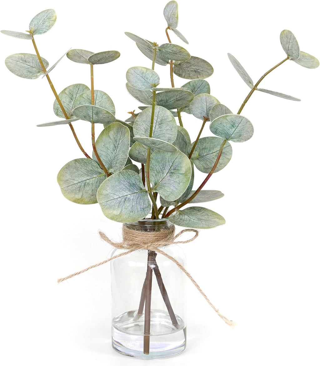Muhanjia Artificial Eucalyptus Stems - 3Pcs Faux Green Leaves in Glass Vase with Faux Water | Perfect Centerpiece