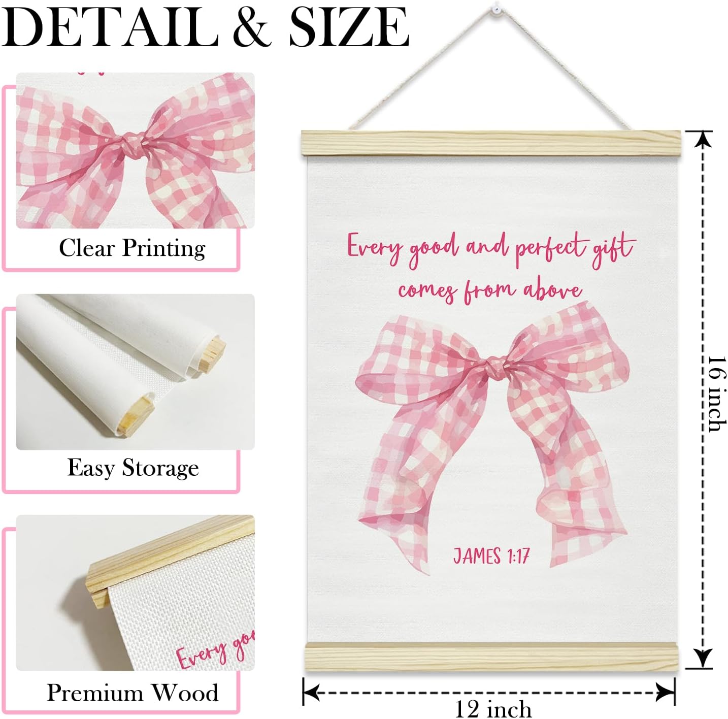 TRKAE Pink Bow Ribbon Canvas Poster Hanger Frame | Trendy Christian Wall Art for Girls - Perfect Bedroom Decor